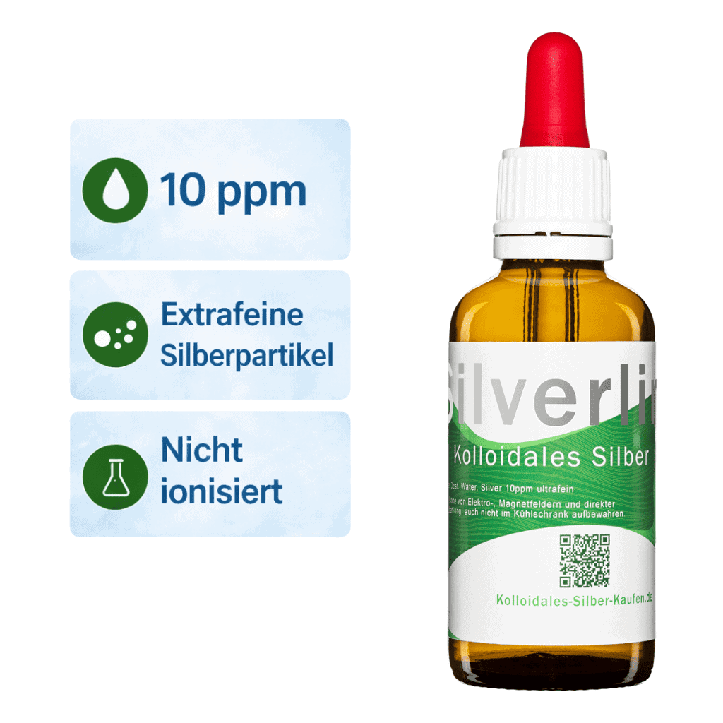 Silverlin Kolloidales Silber 10ppm in der Glasflasche mit Pipette für die sanfte Tropfendosierung.