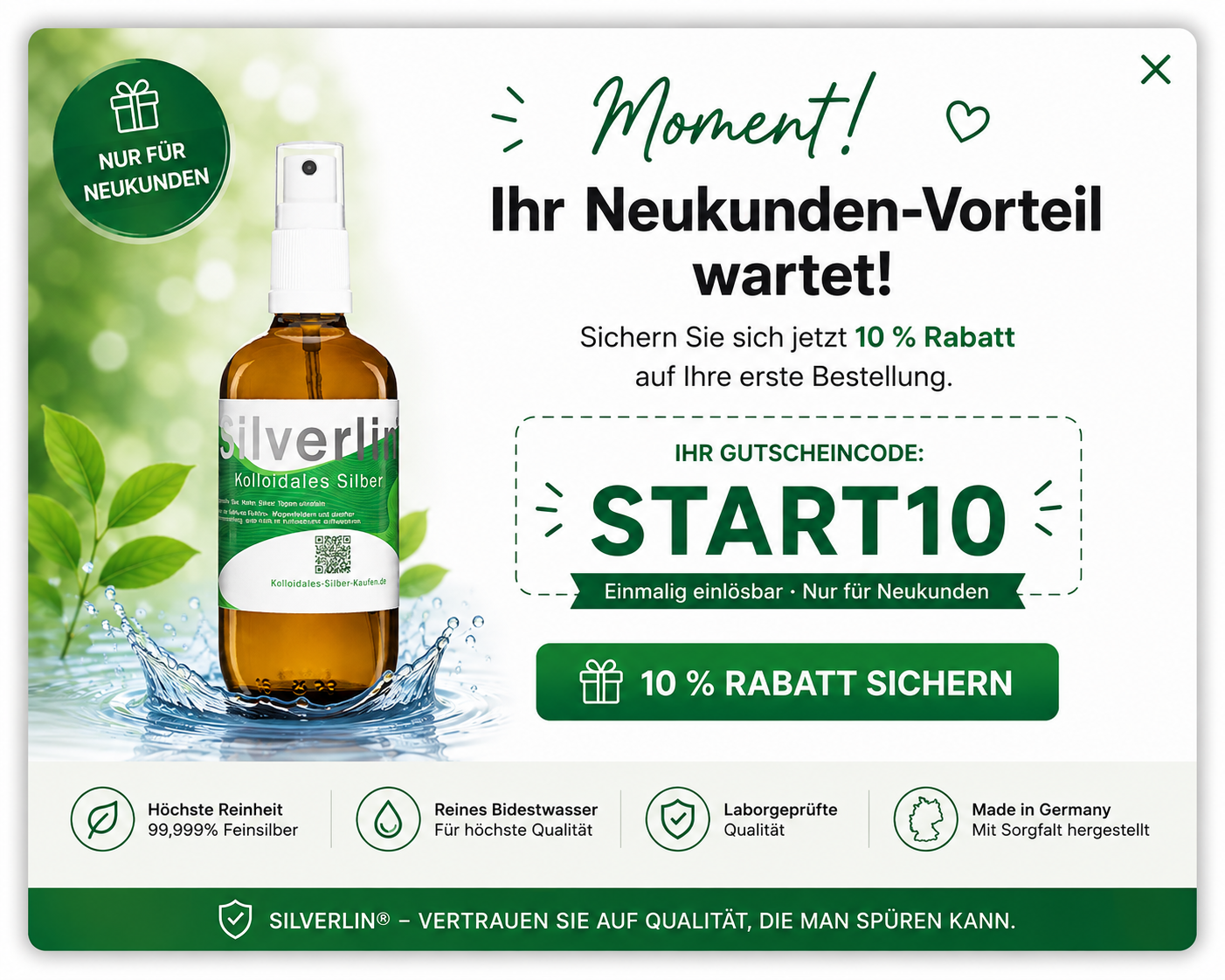 Aktionsbanner für den Silverlin® Neukundenrabatt auf Kolloidales Silber mit Gutschein-Hinweis für Erstbesteller im Onlineshop.