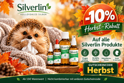 Aktionsgrafik zum Herbstangebot für Silverlin® Kolloidales Silber mit Braunglasflaschen in herbstlichem Design.